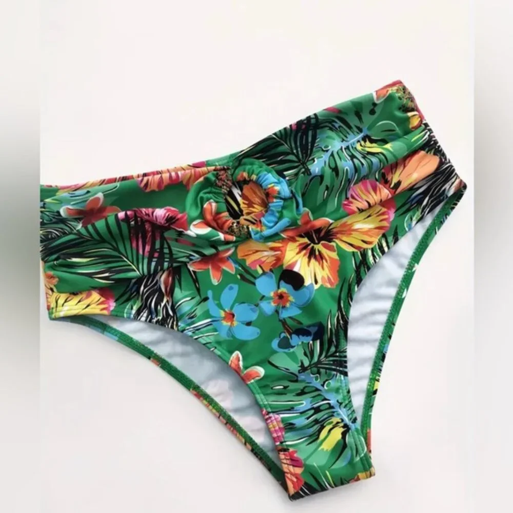 Dark Green Tropical Bikini & Cover Up, Print High Stretch 3 Piece